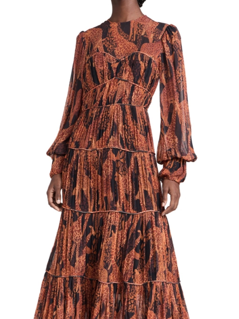 FARM Rio Rust and Black Tiered Animal-Print Maxi Dress with Long Sleeves